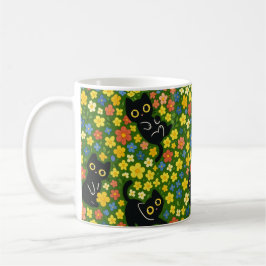 Cute Black Cats Floral Meadow Pattern Kaffemugg