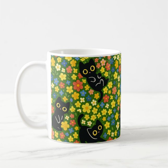 Cute Black Cats Floral Meadow Pattern Kaffemugg (Vänster)