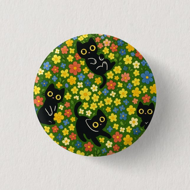 Cute Black Cats Floral Meadow Pattern Knapp (Framsida)