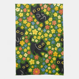 Cute Black Cats Floral Meadow Pattern Kökshandduk