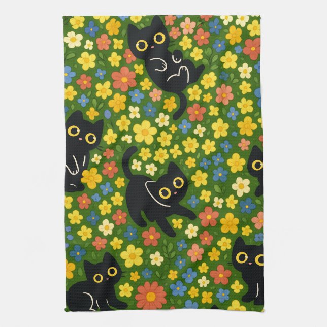 Cute Black Cats Floral Meadow Pattern Kökshandduk (Vertikal)