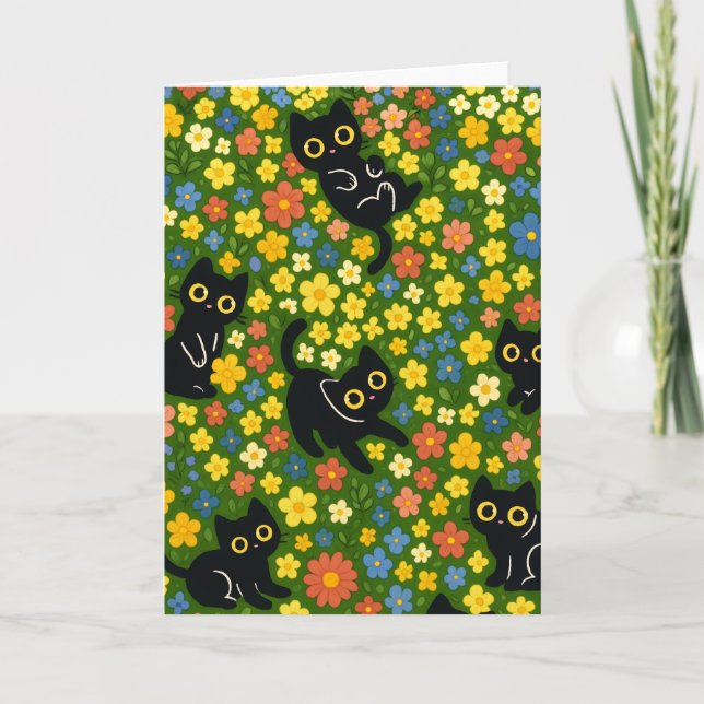 Cute Black Cats Floral Meadow Pattern Kort (Framsida)