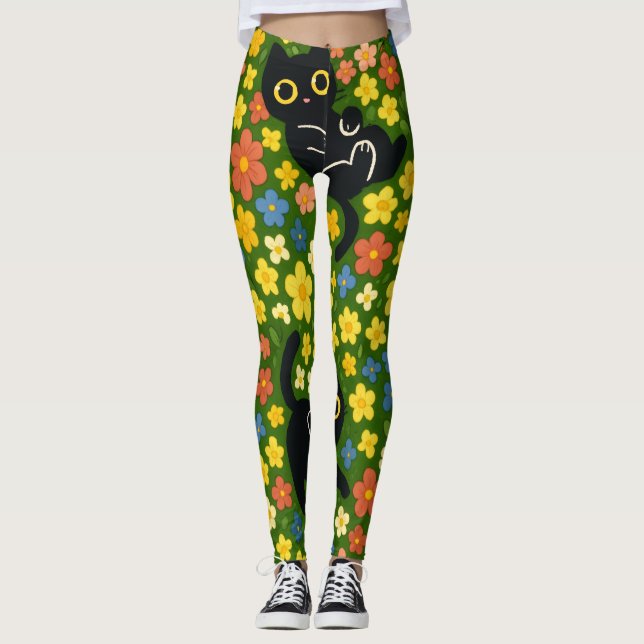 Cute Black Cats Floral Meadow Pattern Leggings (Framsida)