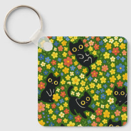 Cute Black Cats Floral Meadow Pattern Nyckelring