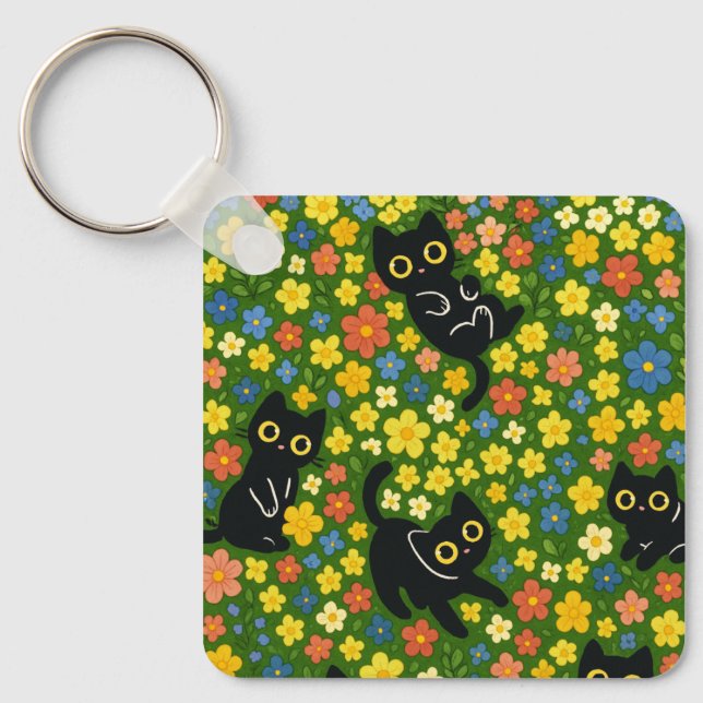 Cute Black Cats Floral Meadow Pattern Nyckelring (Framsida)