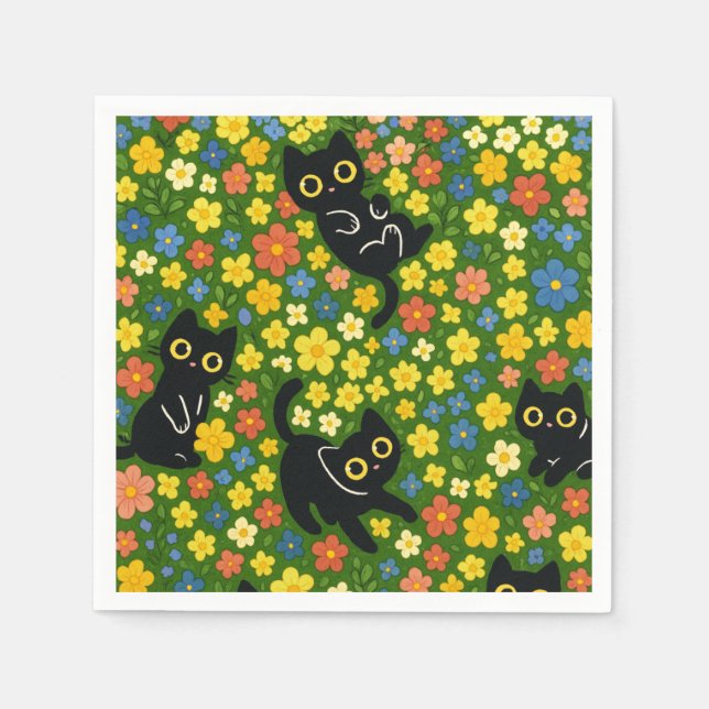 Cute Black Cats Floral Meadow Pattern Pappersservett (Framsidan)