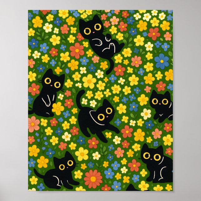 Cute Black Cats Floral Meadow Pattern Poster (Framsidan)