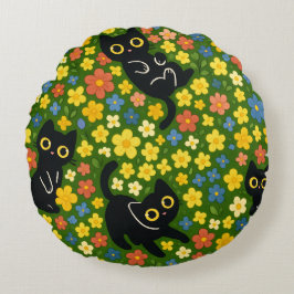 Cute Black Cats Floral Meadow Pattern Rund Kudde
