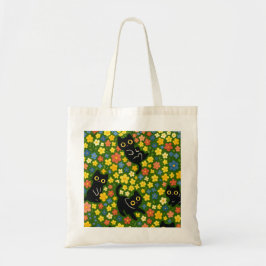 Cute Black Cats Floral Meadow Pattern Tygkasse