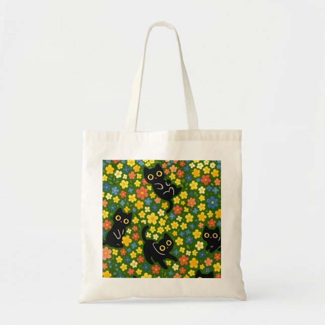 Cute Black Cats Floral Meadow Pattern Tygkasse (Framsidan)