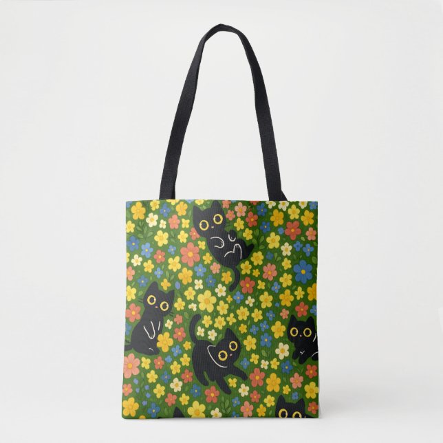 Cute Black Cats Floral Meadow Pattern Tygkasse (Framsida)