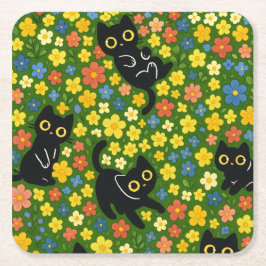 Cute Black Cats Floral Meadow Pattern Underlägg Papper Kvadrat