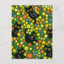Cute Black Cats Floral Meadow Pattern Vykort