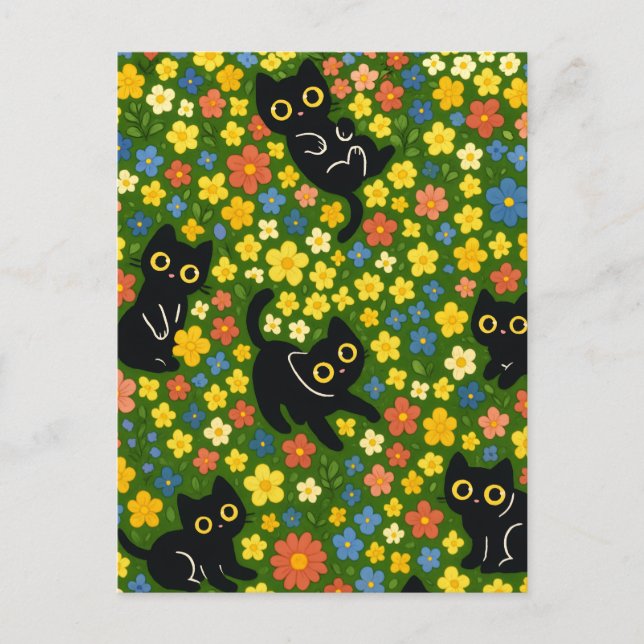 Cute Black Cats Floral Meadow Pattern Vykort (Framsida)