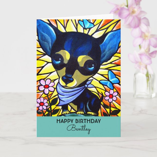 Cute Black Chihuahua Birthday Hund Teal Artwork Kort (Orkide)