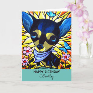 Cute Black Chihuahua Birthday Hund Teal Artwork Kort
