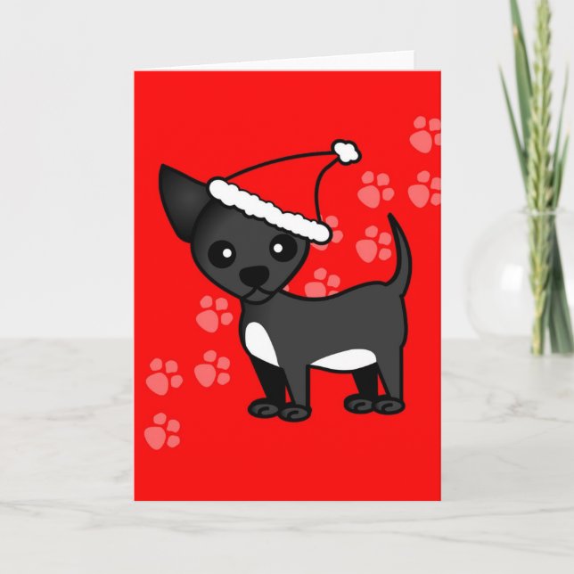Cute Black Chihuahua-Tecknaden Santa Hat Helgkort (Framsida)