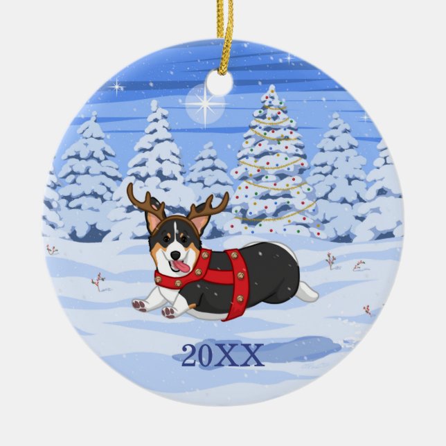 Cute Black Corgi-julrensostume Julgransprydnad Keramik (Framsidan)