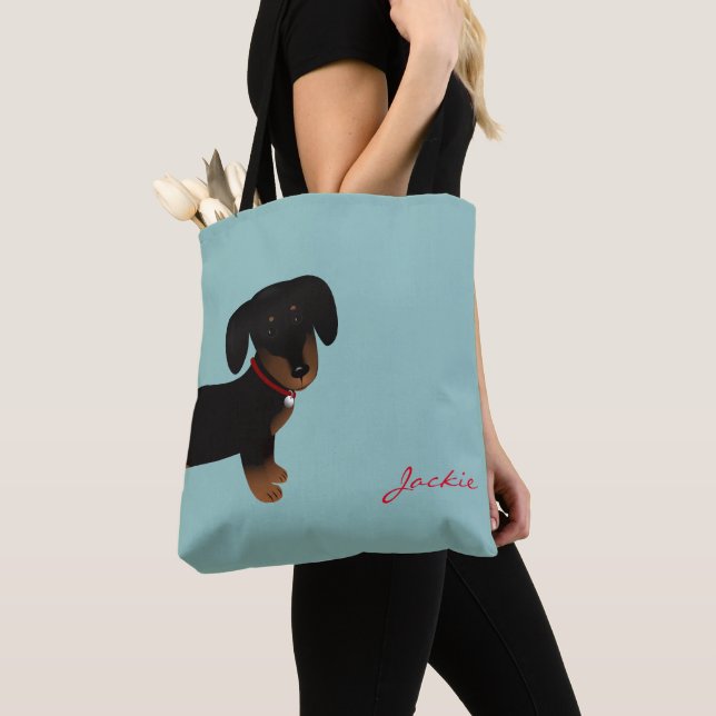 Cute Black Dachshund Front and Back Design Tygkasse (Närbild)