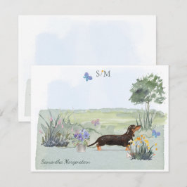 Cute Black Dachshund Hund Butterfly Monogram Namn Anteckningskort