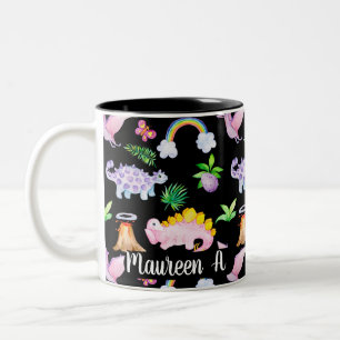 Cute Black Dinosaur Rainbow Watercolor Jungle Två-Tonad Mugg