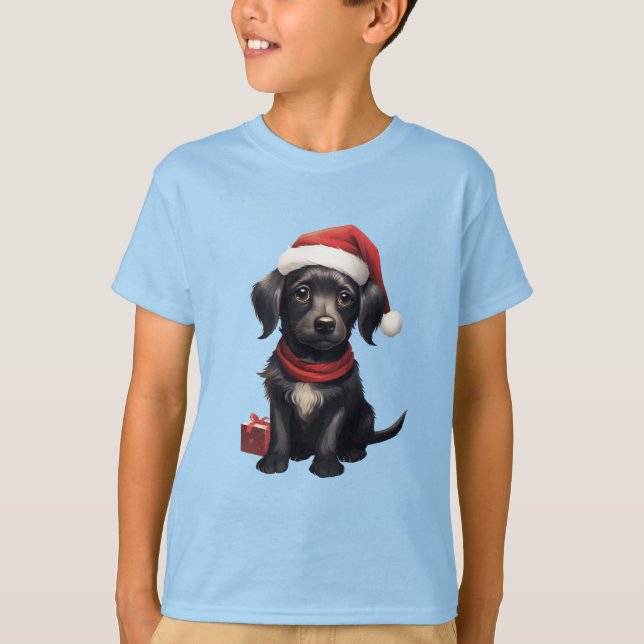 Cute Black Dog at Christmas T Shirt (Framsida)