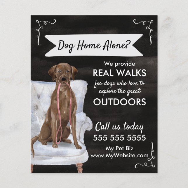 Cute Black Dog Walker Flyer med Swirls och Banner (Framsidan)