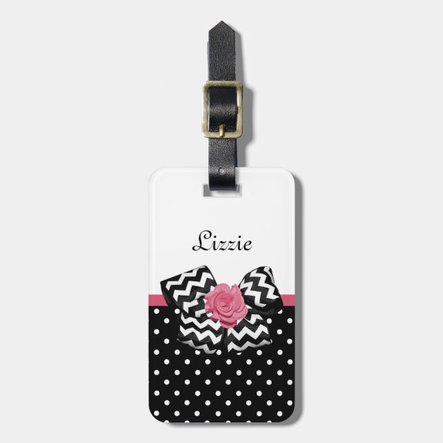 Cute Black Dots Rosa ros Chevron Bow and Namn Bagagebricka (Vertikal Framsida)