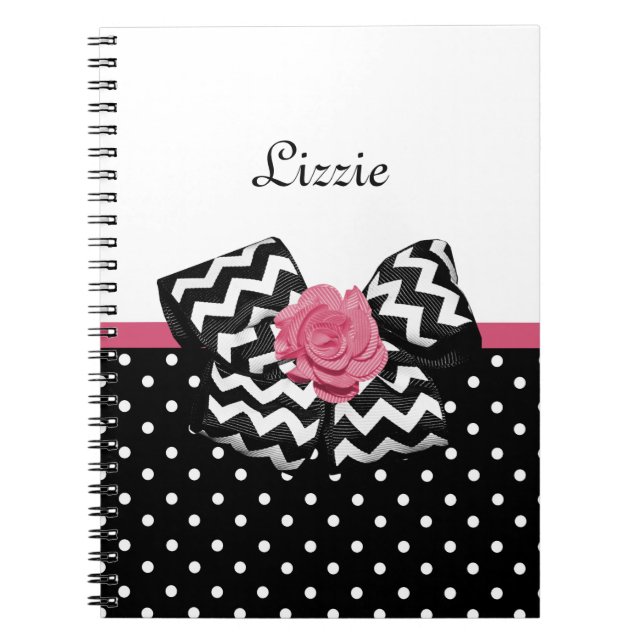 Cute Black Dots Rosa ros Chevron Bow och Namn Anteckningsbok (Framsidan)