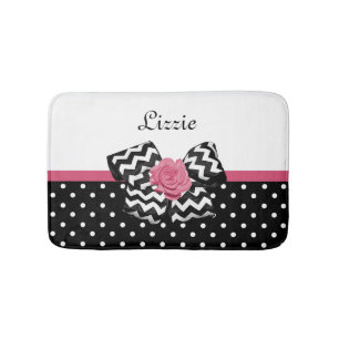 Cute Black Dots Rosa ros Chevron Bow och Namn Badrumsmatta