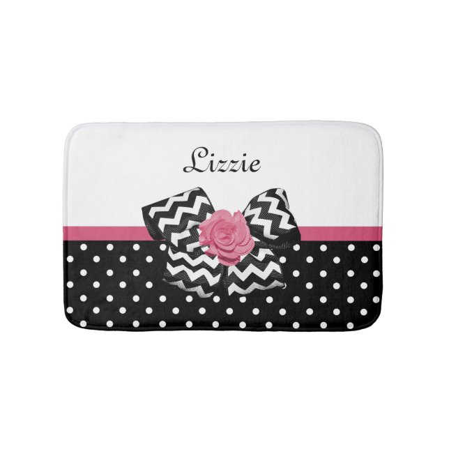 Cute Black Dots Rosa ros Chevron Bow och Namn Badrumsmatta (Framsidan)