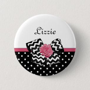 Cute Black Dots Rosa ros Chevron Bow och Namn Knapp