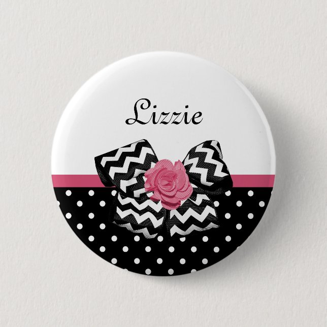 Cute Black Dots Rosa ros Chevron Bow och Namn Knapp (Framsida)