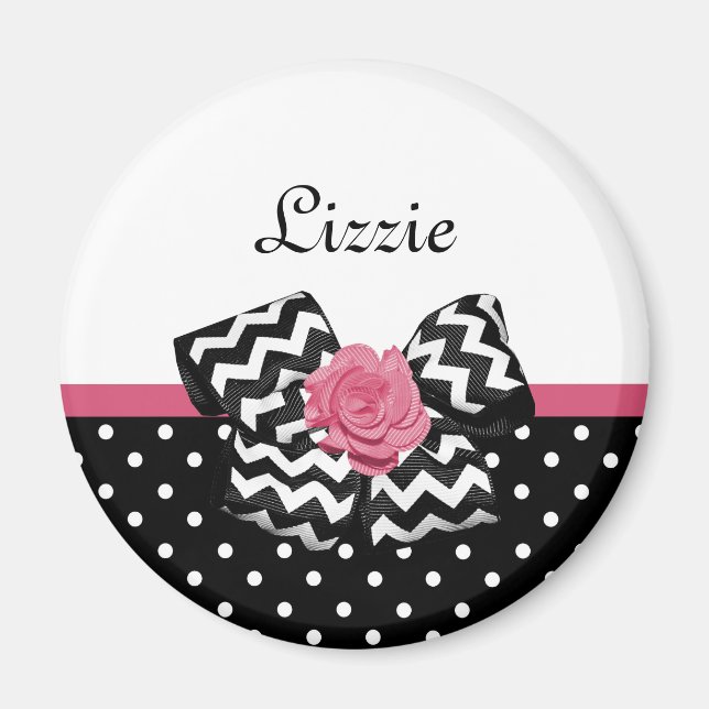 Cute Black Dots Rosa ros Chevron Bow och Namn Magnet (Framsidan)