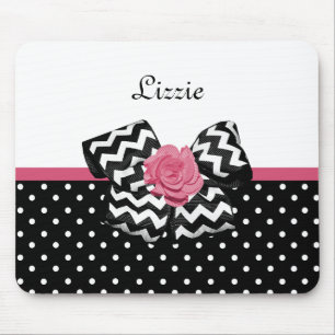 Cute Black Dots Rosa ros Chevron Bow och Namn Musmatta