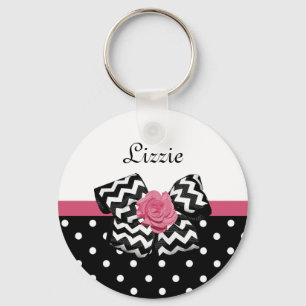Cute Black Dots Rosa ros Chevron Bow och Namn Nyckelring