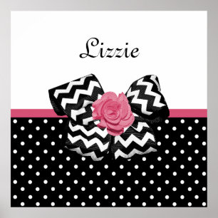 Cute Black Dots Rosa ros Chevron Bow och Namn Poster
