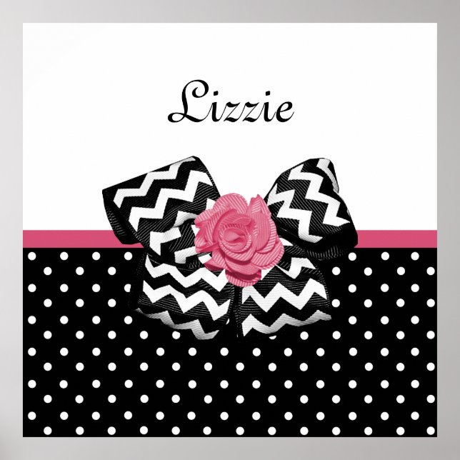 Cute Black Dots Rosa ros Chevron Bow och Namn Poster (Framsidan)