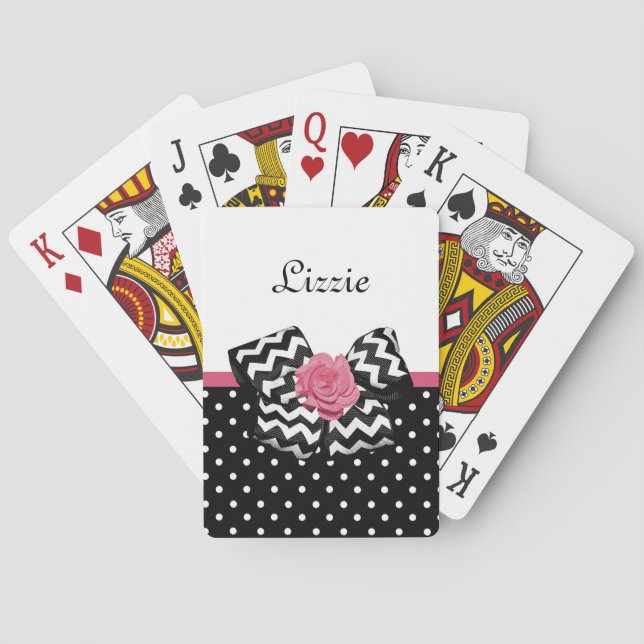 Cute Black Dots Rosa ros Chevron Bow och Namn Spelkort (Baksidan)
