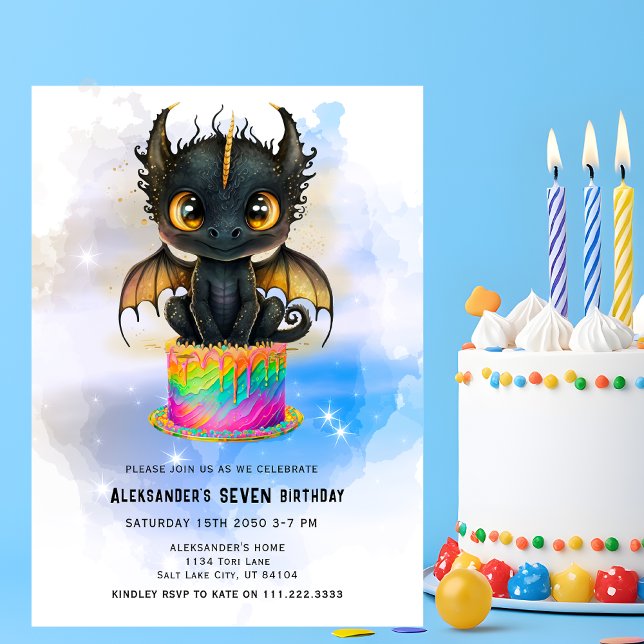 Cute Black Dragon Rainbow Cake Fairytale Birthday  Inbjudningar (Skapare uppladdad)