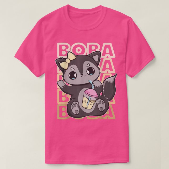 Cute Black Fox Bubble Tea Mjölk with Boba T Shirt (Design framsida)