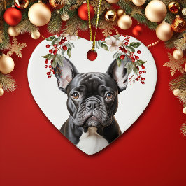 Cute Black Fransk Bulldog Holly Berry jul Julgransprydnad Keramik