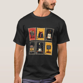 Cute Black Fredag Frimärke, Ghost Pumpkin Cat Skul T Shirt