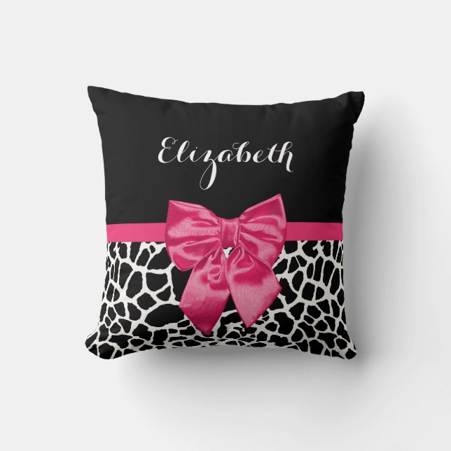 Cute Black Giraffe Skriv ut Girly Rosa Bow och Nam Kudde (Framsida)