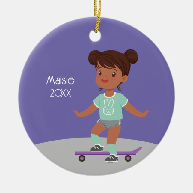 Cute Black Girl Skateboard Julgransprydnad Keramik (Framsidan)