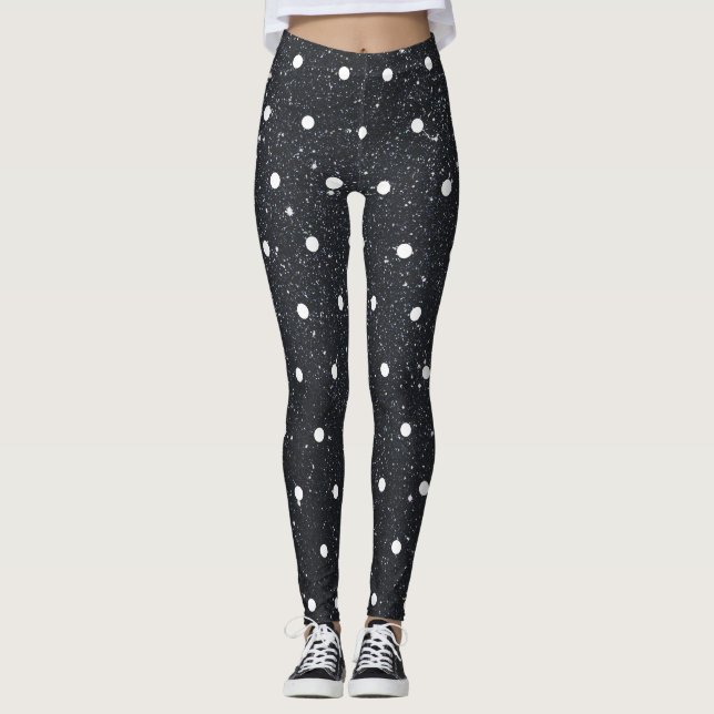 Cute Black Glitter White Polka Dot Mönster, Trendi Leggings (Framsida)