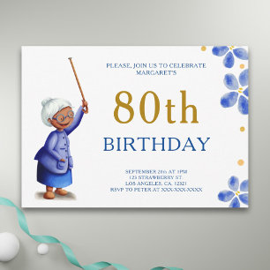 Cute Black Grandma Watercolor Blommigt 80:e födels Inbjudningar