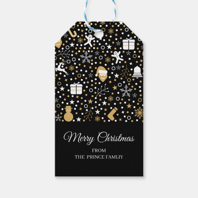 Cute Black Guld Polka dots-skript jul party Presentetikett (Framsidan)
