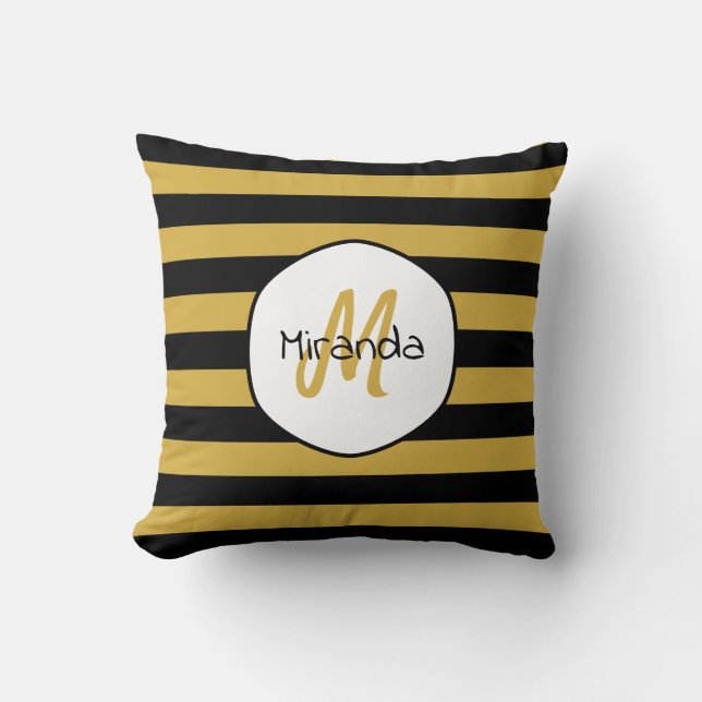 Cute Black Gult Bee Rand Namn och Monogram Kudde (Framsida)