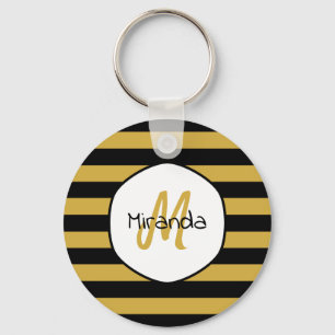Cute Black Gult Bee Rand Namn och Monogram Nyckelring